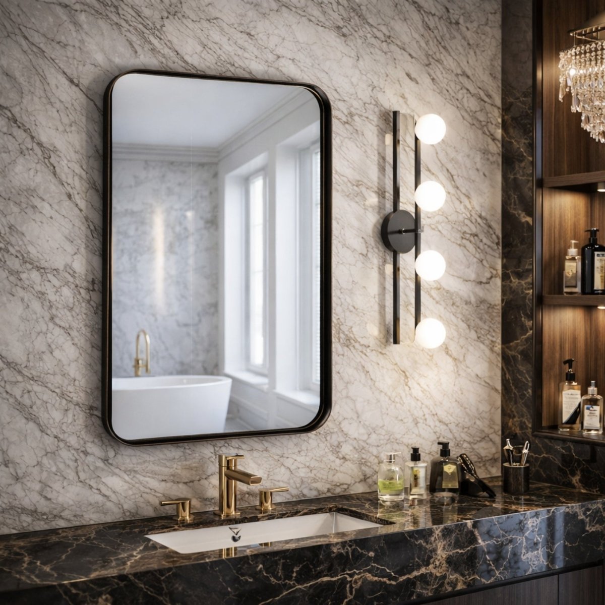 Large rectangular black mirror with rounded edges styled above a fireplace mantle in a modern living room setting.