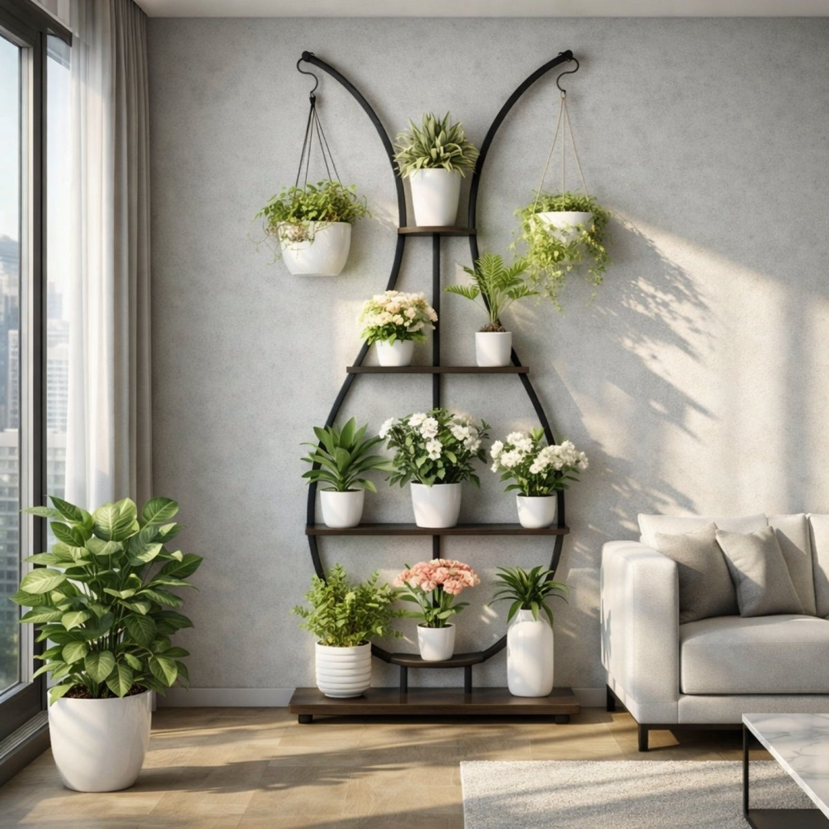 A stylish living room featuring the Kouvr multi-tier plant stand holding various white-potted plants and two hanging planters, next to a grey sofa.
