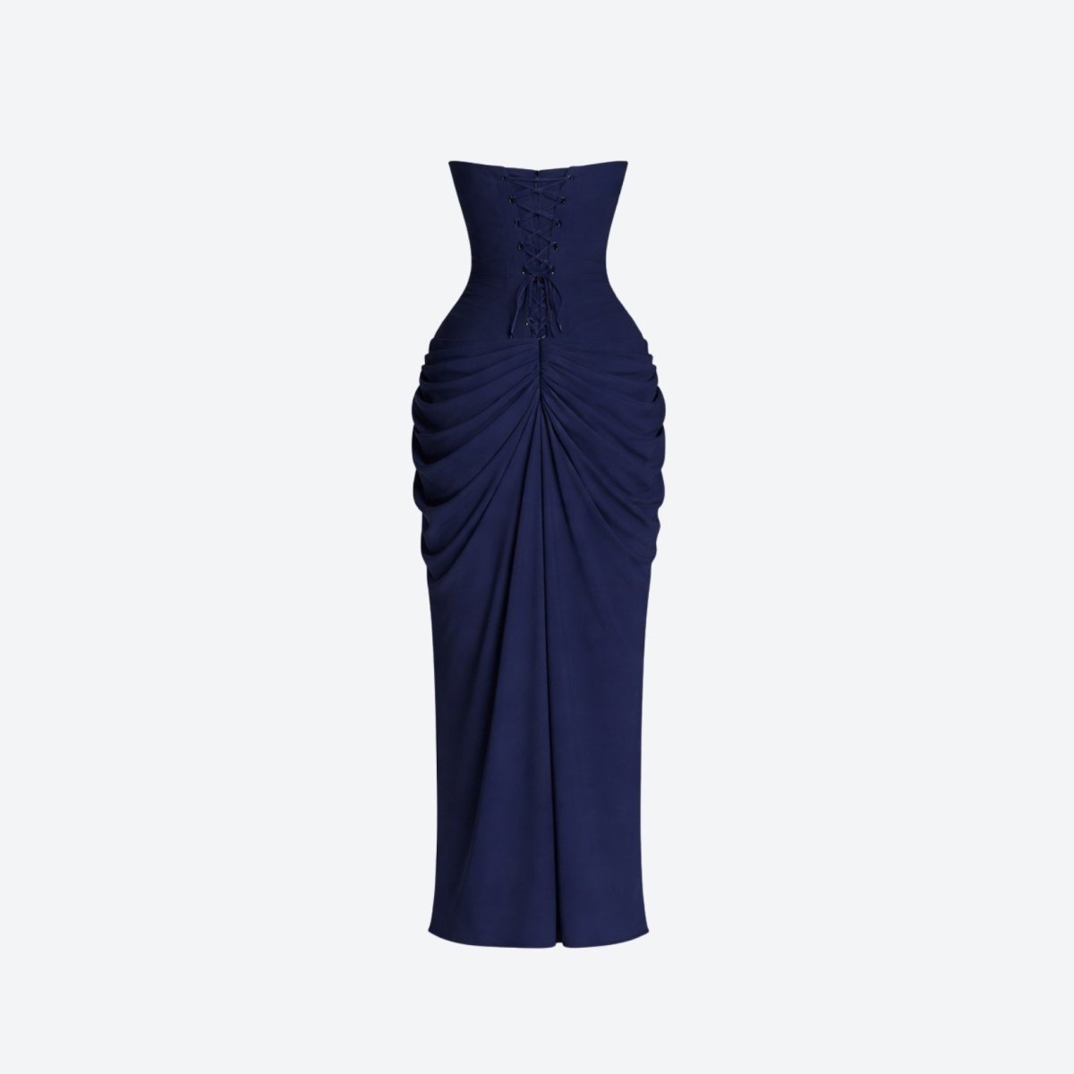 Back view of an unmodeled navy blue dress displaying the intricate corset lacing and ruched gathering at the lower back.