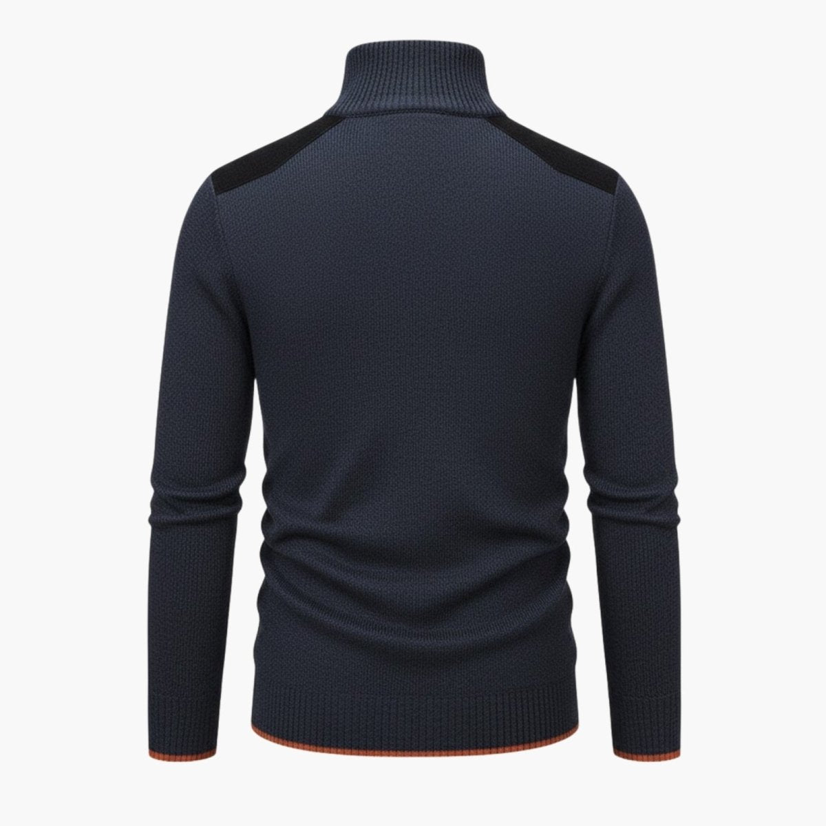 Back view flat lay of a navy blue men's knit pullover, displaying the ribbed hem and black sueded shoulder patches.