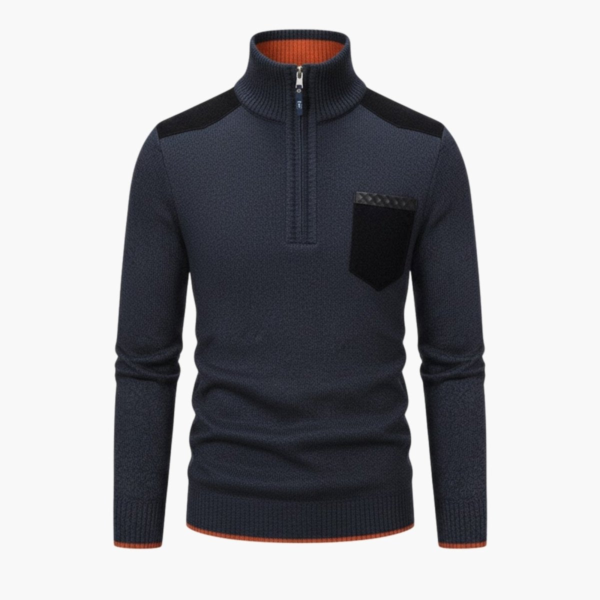 Flat lay product shot of a navy blue men's quarter-zip sweater showing the black shoulder patches, chest pocket, and orange interior trim.