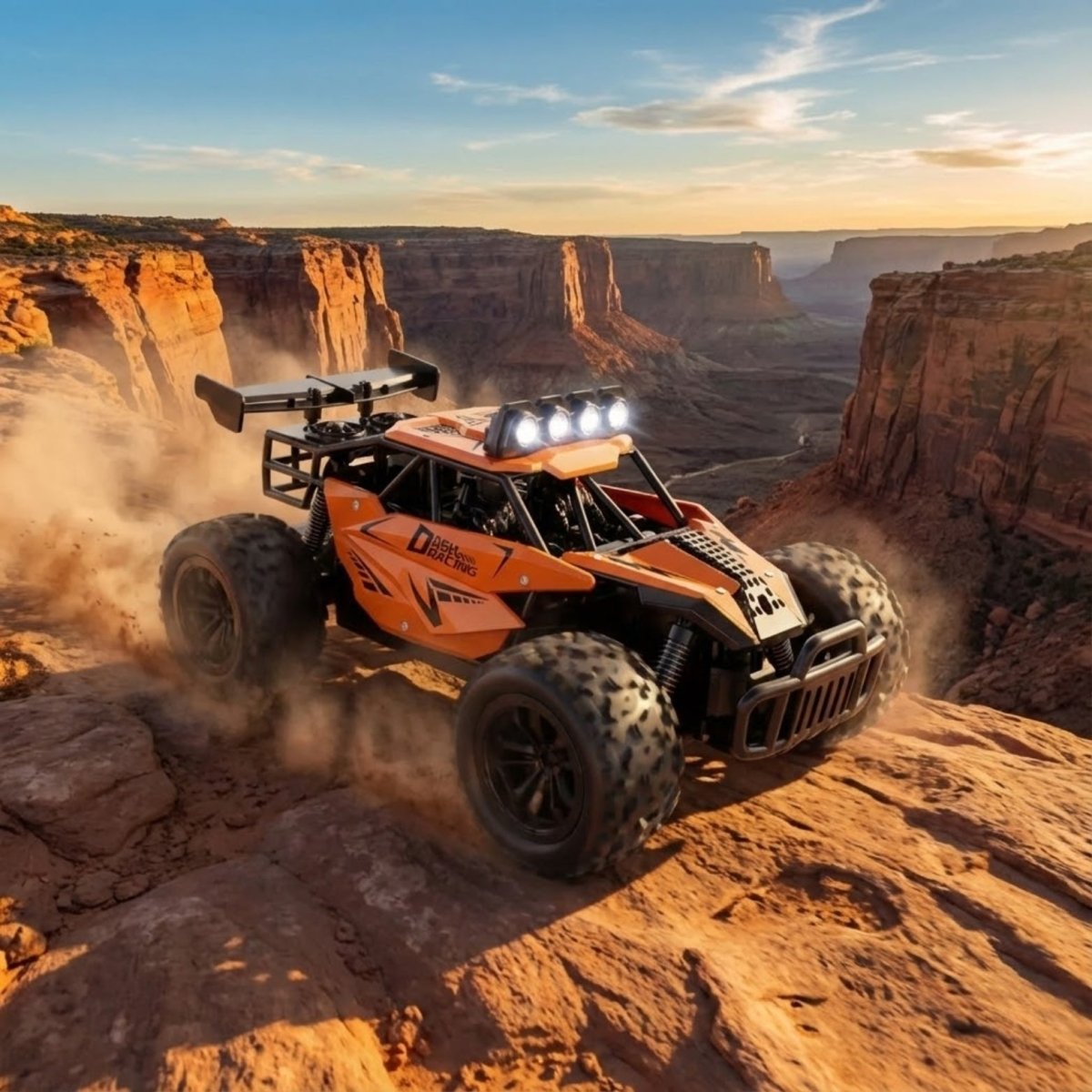 Infographic detailing the orange 1:16 alloy RC car, showing its 24cm length, 20km/h high speed, 2.4GHz remote, and double battery inclusion.