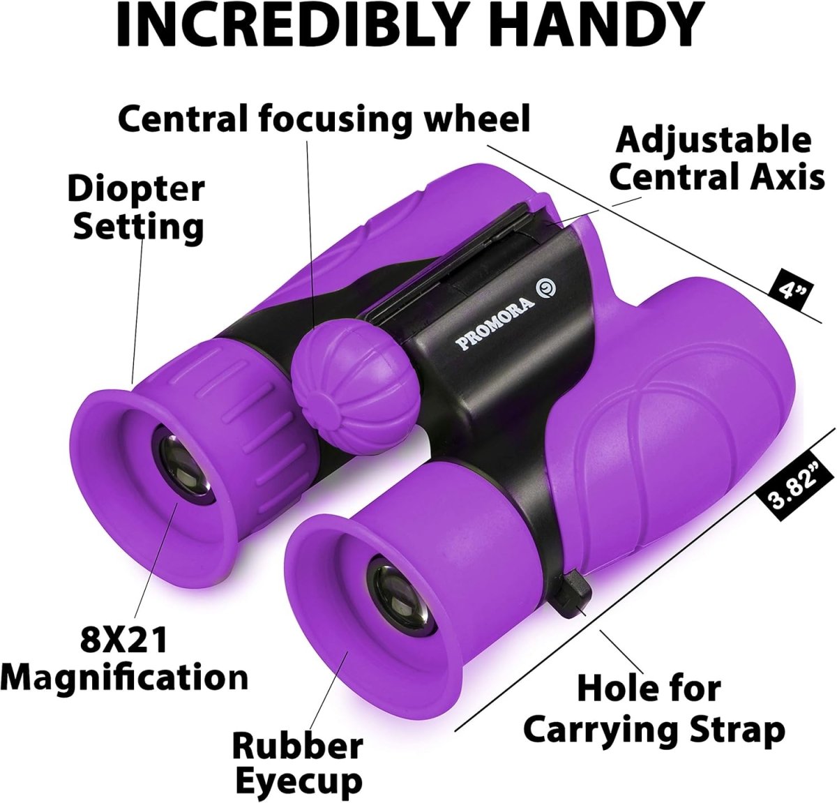 Collage showing children using purple binoculars, a magnifying glass for studying plants, and a compass for navigation.