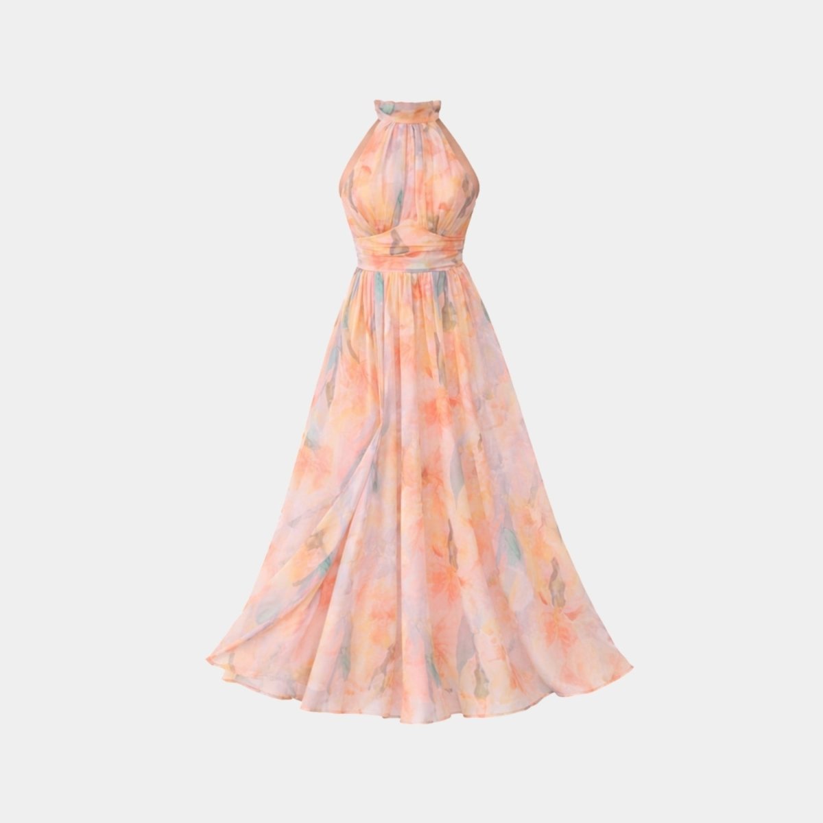 Ghost mannequin front view of the ethereal pastel floral halter neck maxi gown.