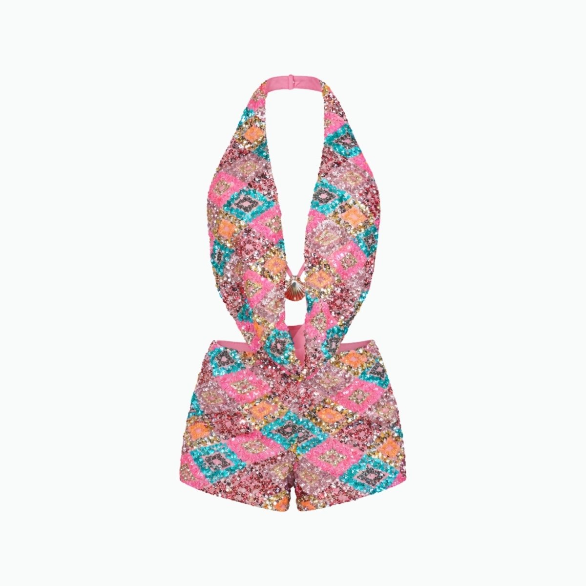 Close up detail of luxury pink, teal, and gold diamond sequin embellishment and center shell hardware on Kouvr festival playsuit.