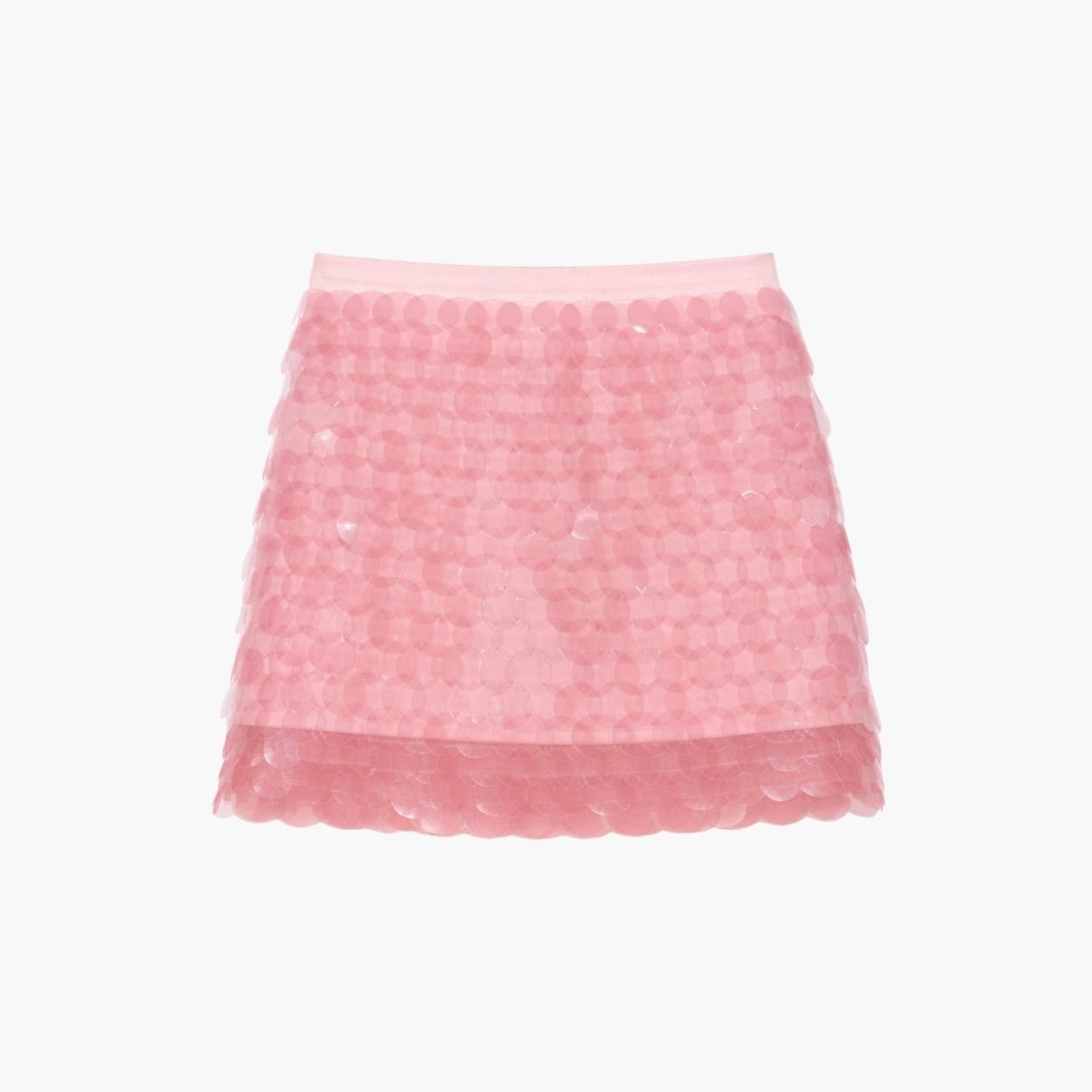 Back flat lay product shot of a pink sequin party skirt highlighting the translucent layered mesh hem and reflective disc details.
