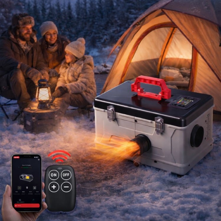 Kouvr all-in-one portable diesel heater, shown with the smartphone app, LCD controller, remote, and power adapter. perfect for outdoor camping