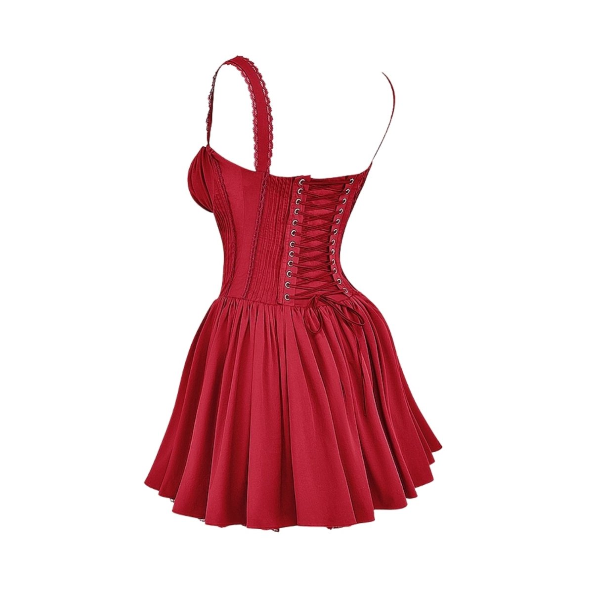 Side view of a woman in a red A-line corset mini dress