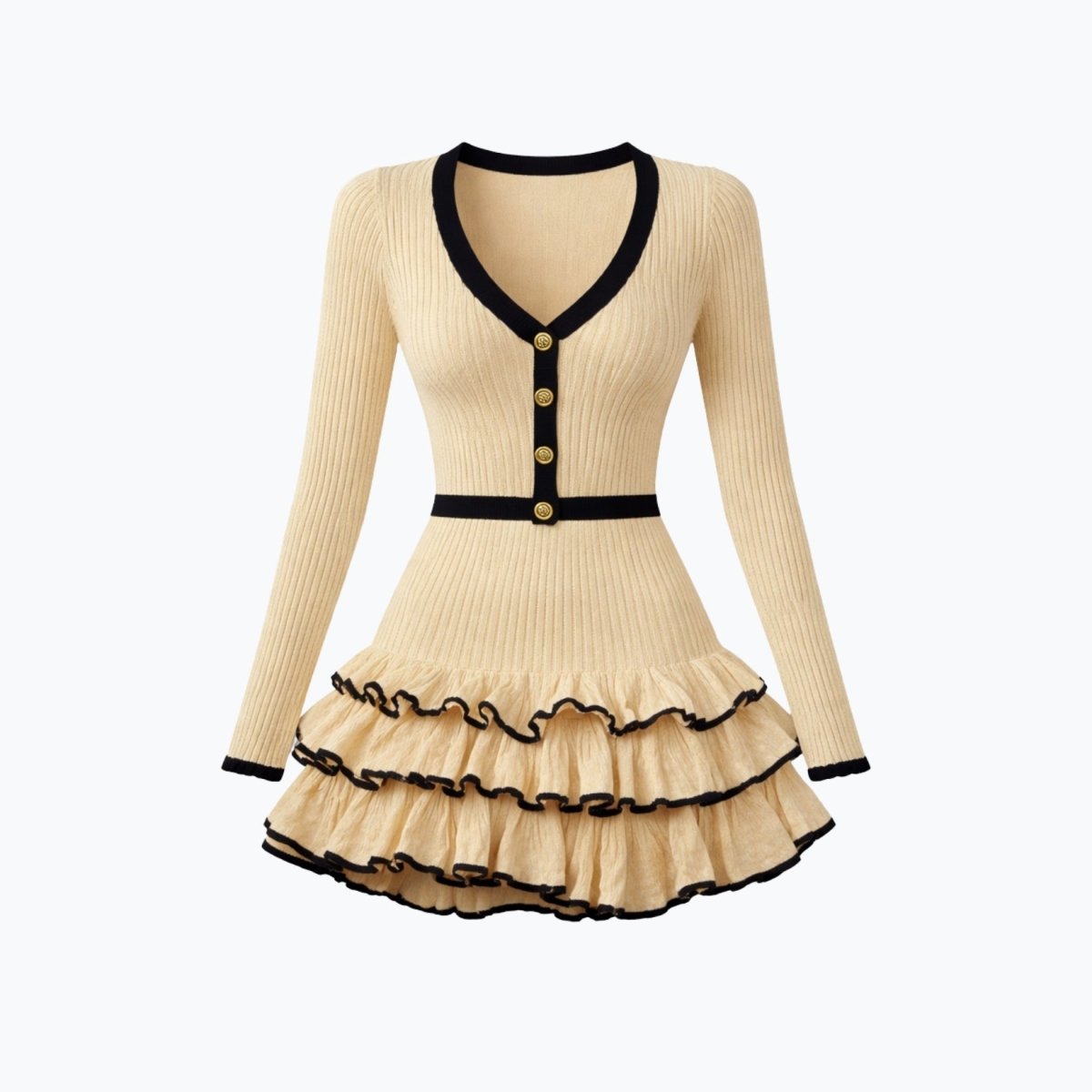 Flat lay product shot of a beige button down cardigan style mini dress with gold buttons and black trim detailing.