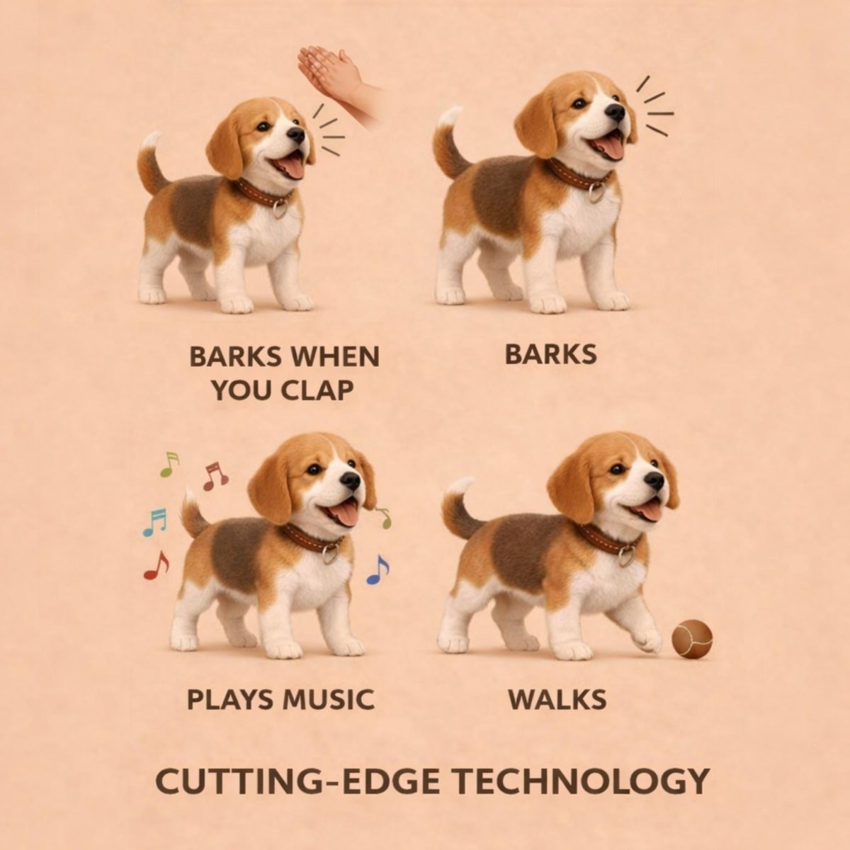 Infographic displaying the four main actions of the robot dog toy: sitting, barking, running, and walking.