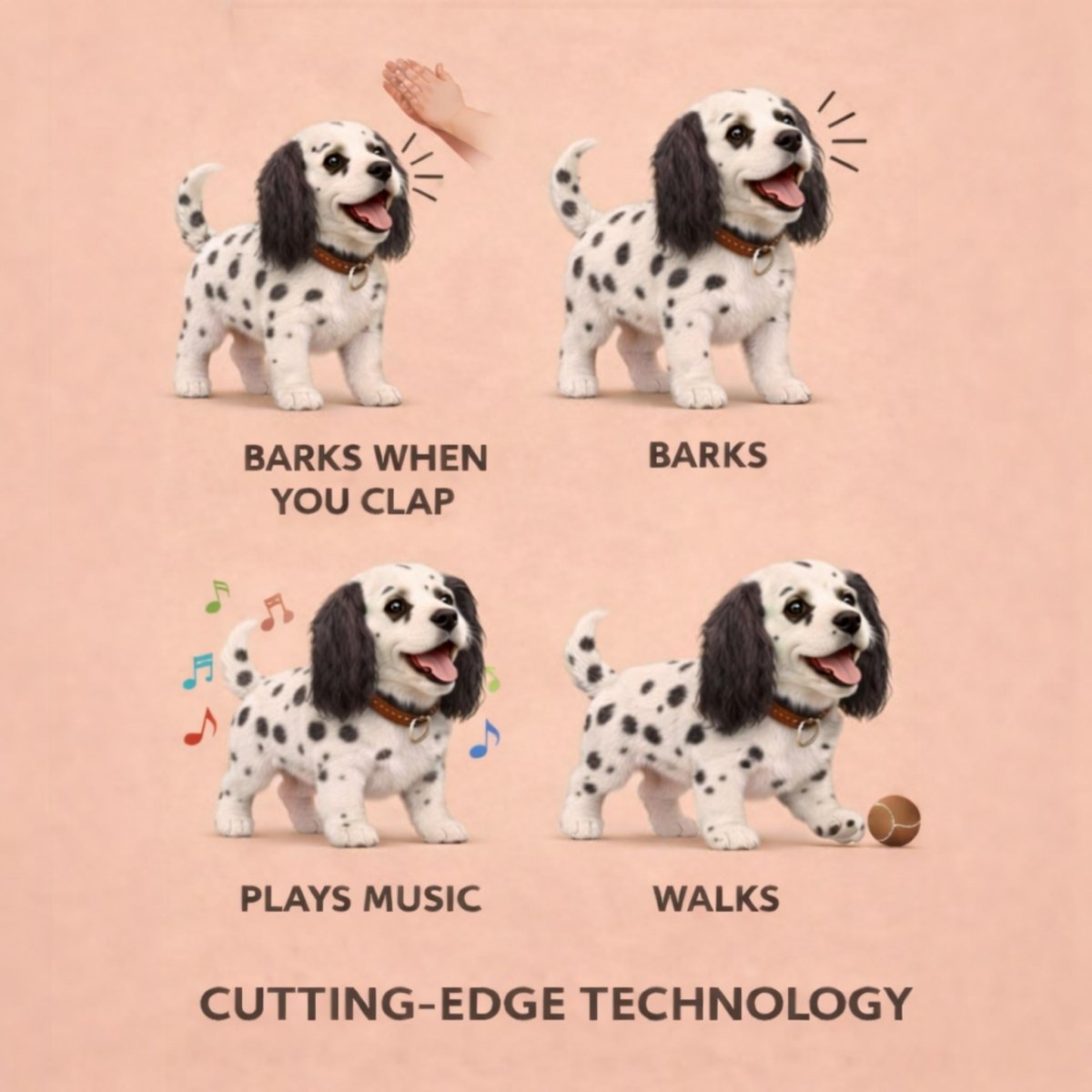 Illustration diagram detailing the four main movements of the cutting-edge robot puppy technology: bark when you clap, barking, playing music, and walking to mimic a real dog.