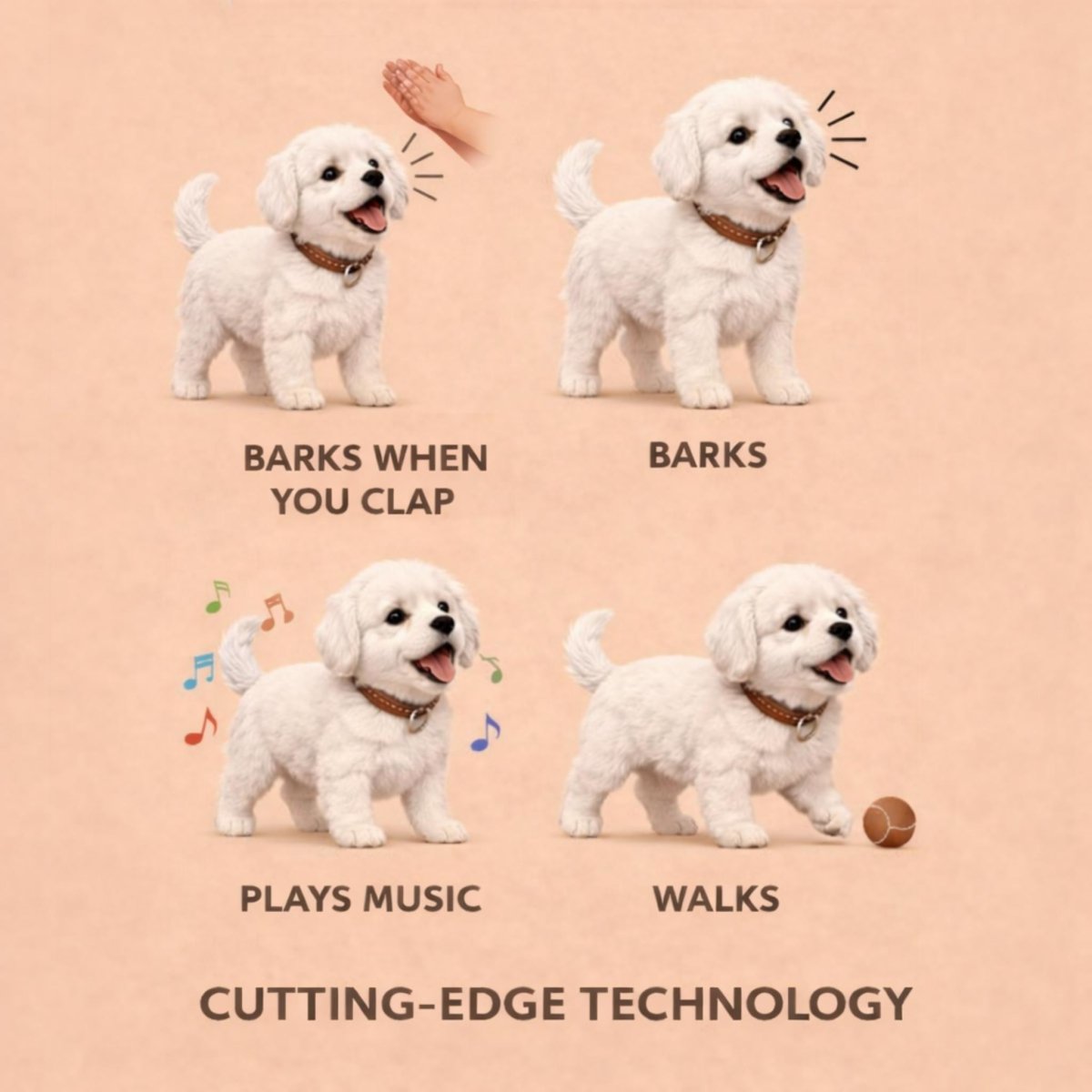 Infographic showing the cutting-edge technology of the robot puppy, illustrating it can bark when you clap, bark, play music, and walk.