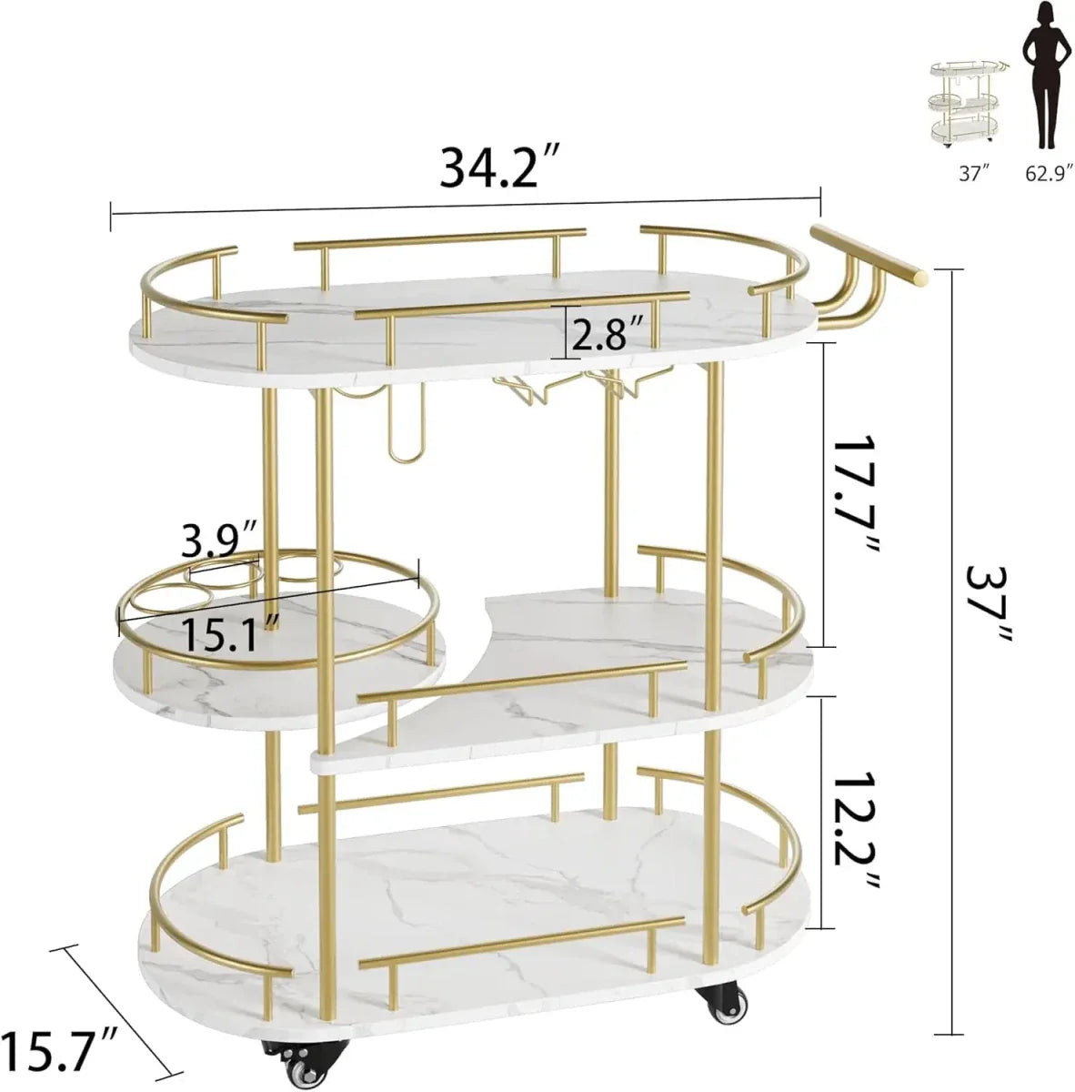 Demonstration of the 360-degree rotating middle shelf swinging out to expand serving space on the marble and gold cart.