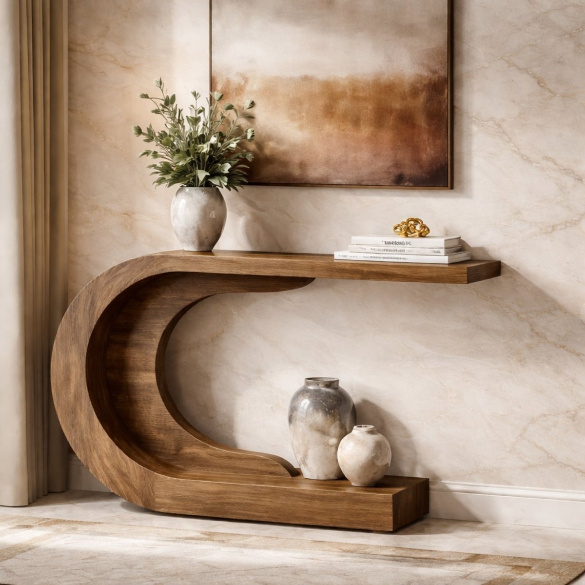 Detail shot of the curved grain on the Kouvr C-shaped wooden console table, highlighting its seamless construction and finish.