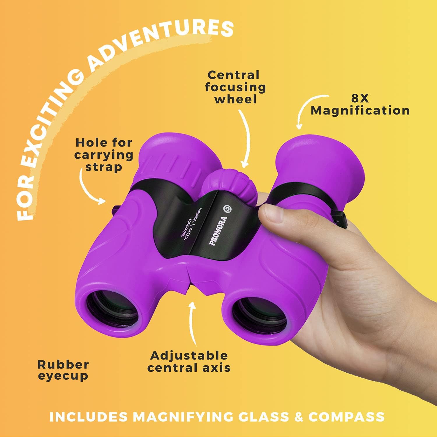 Educational infographic showing the contents of a children’s explorer kit including 8x21 powerful magnification binoculars and child-friendly shockproof design.
