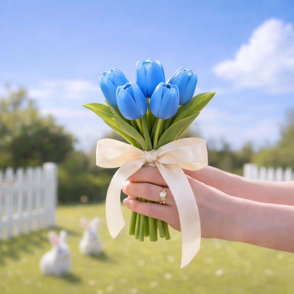 Charms small hand-held bouquet of elegant artificial blue tulips with detailed blooms.