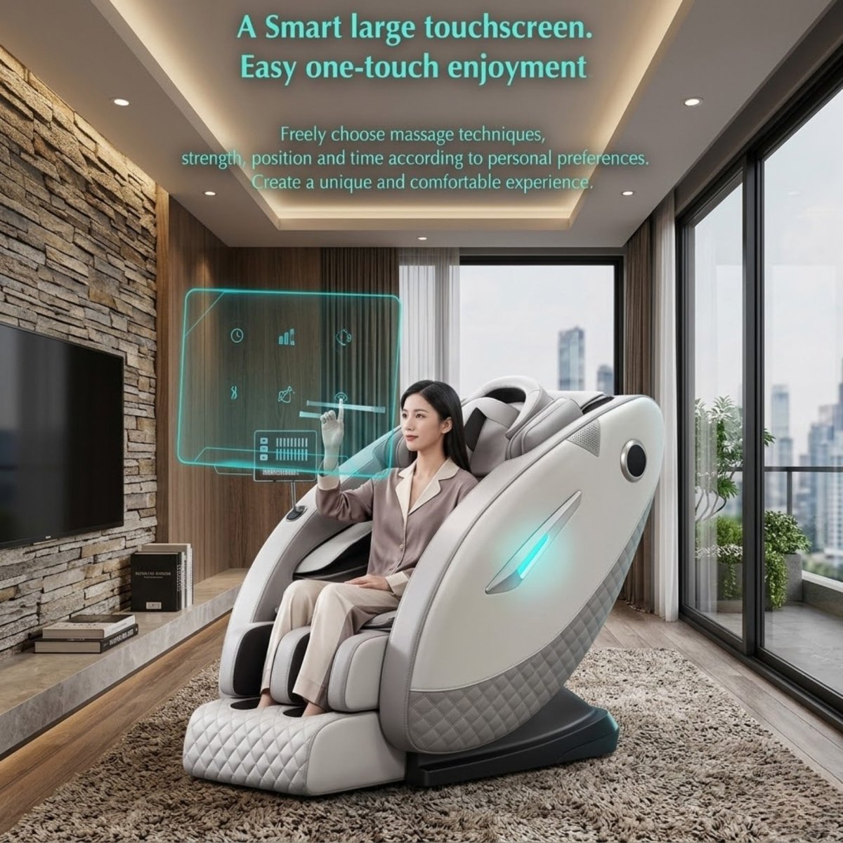 User interacting with the smart large touchscreen panel on the Kouvr zero gravity massage chair to customize their massage techniques and strength.