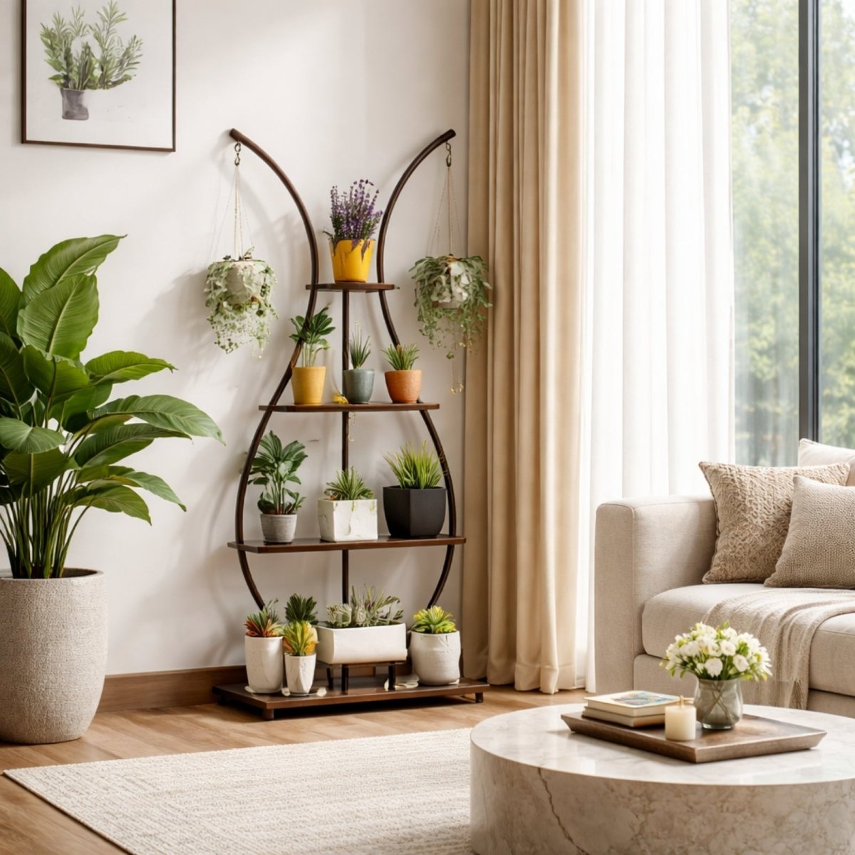 The Kouvr tall plant shelf positioned by a bright window, showcasing a variety of succulents and hanging plants in a modern home entryway.