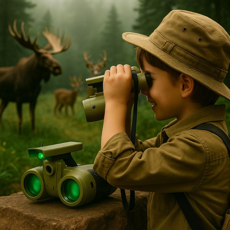 Side profile of camouflage green spy binoculars for kids with an adjustable pop-up LED spotlight and comfortable rubber eyepieces.