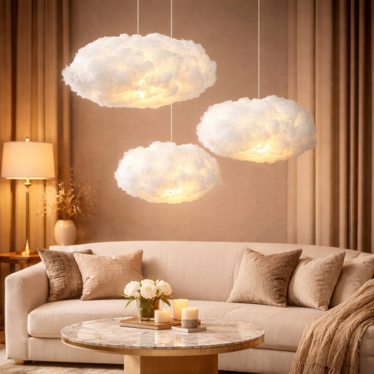 Three large hanging cloud lamps suspended at different heights over a modern beige sofa and marble coffee table.