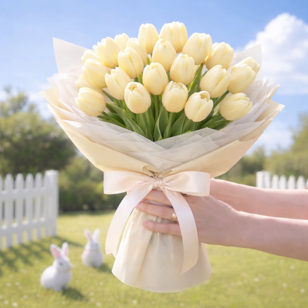 Hands hold a massive and very dense bouquet of vibrant artificial yellow tulips with green stems, tied with a wide cream ribbon. Two white decorative bunnies sit on the grass in the background with a picket fence.