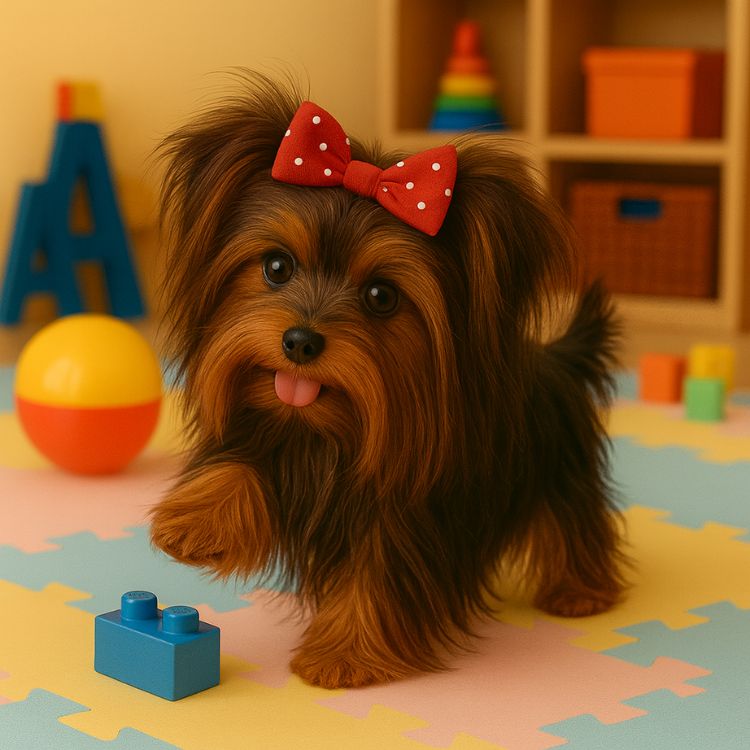 Interactive walking and barking robot dog toy standing on a colorful play mat with building blocks, safe for indoor play.