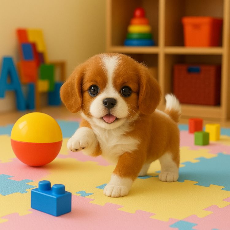 The electronic Cavalier Spaniel puppy walking across a colorful foam play mat in a child's playroom, lifting its front paw realistically.