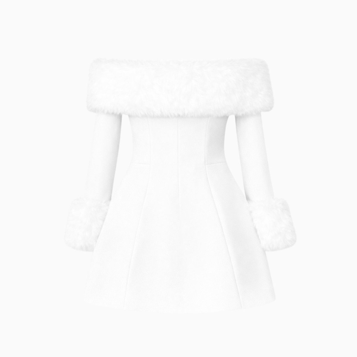 Product-only shot from the back of a white A-line mini dress with faux fur trim and tailored seams.
