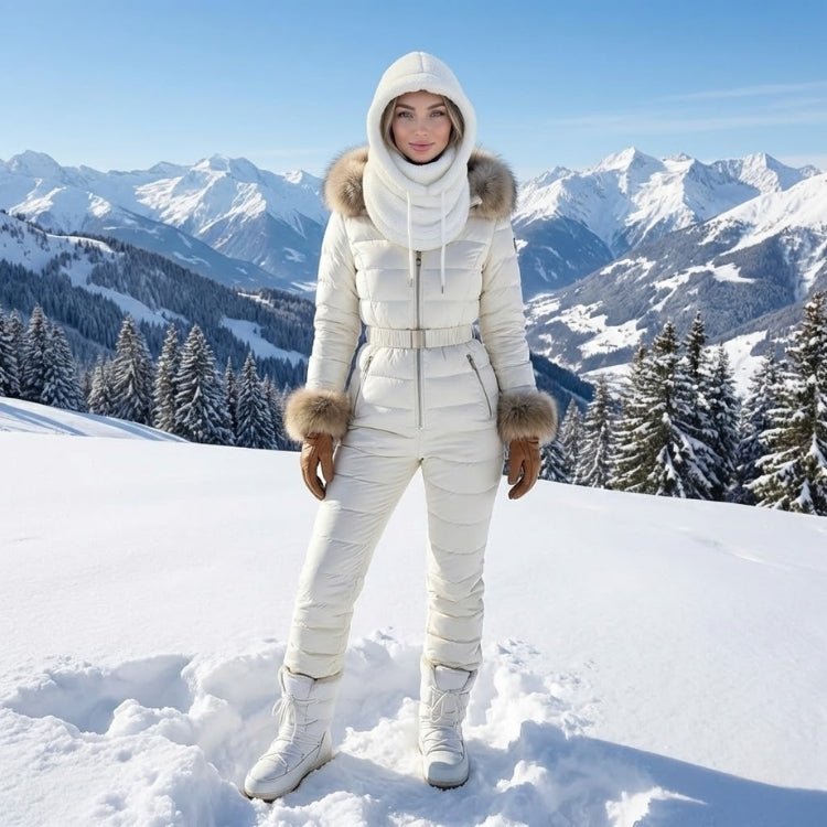 White plush teddy fleece balaclava hood with adjustable drawstrings and built-in neck warmer isolated on a white background.