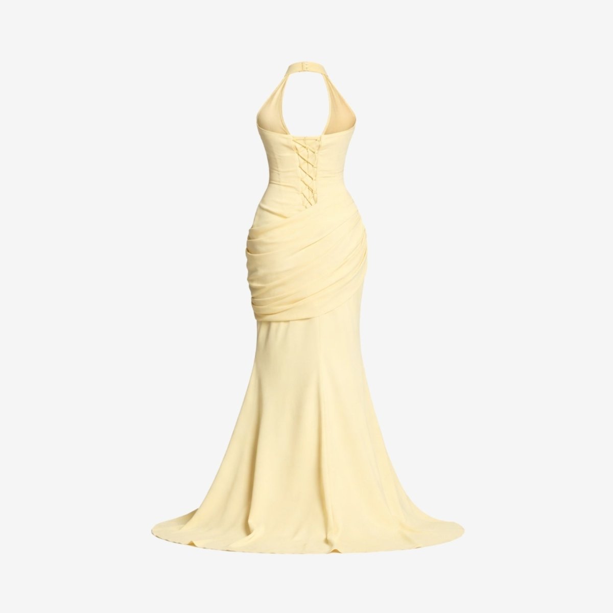 Ghost mannequin back view of the yellow formal dress detailing the intricate lace-up corset back and halter neck clasp.
