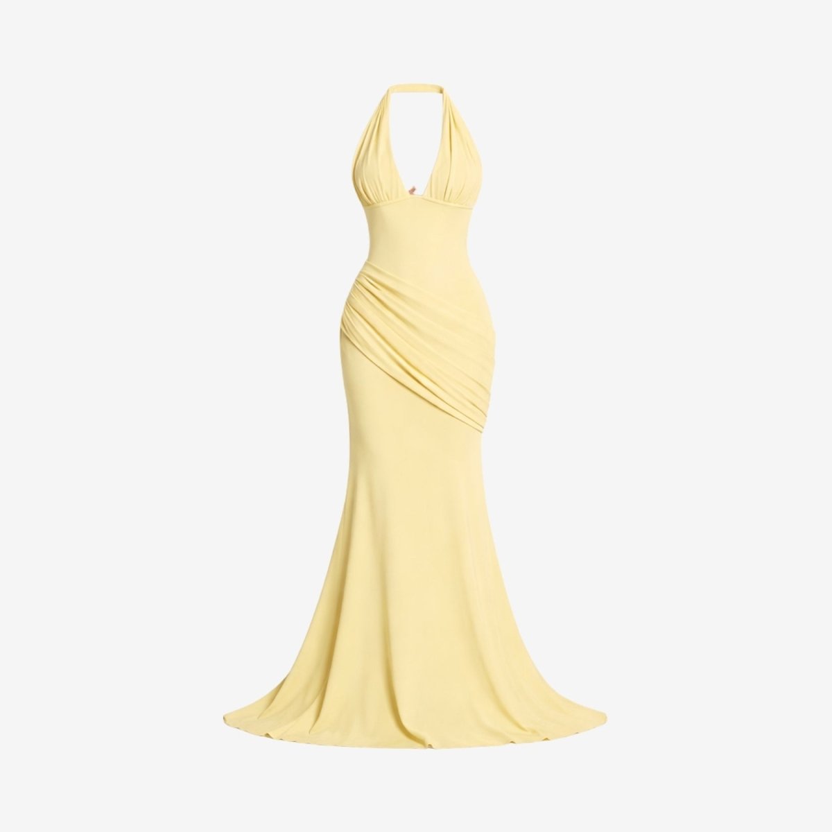 Ghost mannequin front styling of the luxury yellow halter ruched maxi gown displaying the bodice structure and fabric drape.
