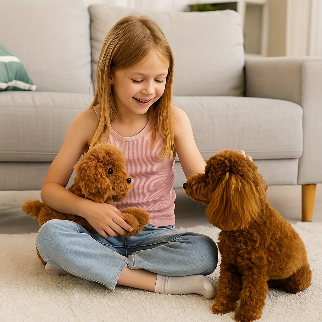 A smiling young girl with blonde hair sits on a white rug, holding one brown poodle plush toy while playing with another.