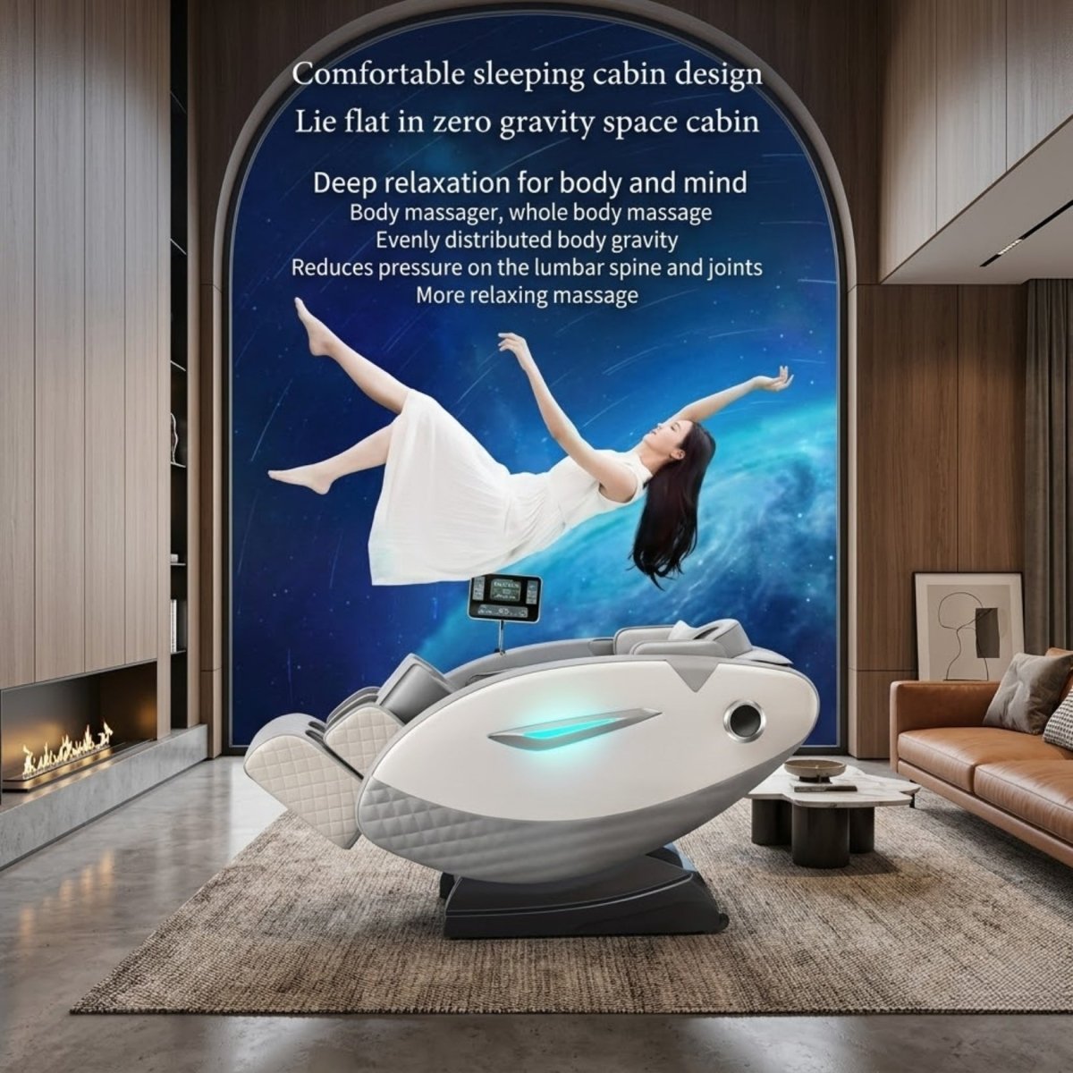 Conceptual artwork illustrating a woman floating above the Kouvr massage chair to demonstrate the deep relaxation and reduced lumbar pressure of zero gravity.