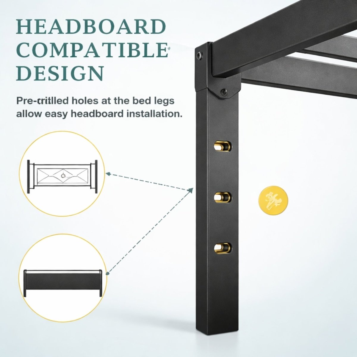 Diagram showing the pre-drilled holes on the Kouvr bed frame leg, illustrating its headboard compatible design.