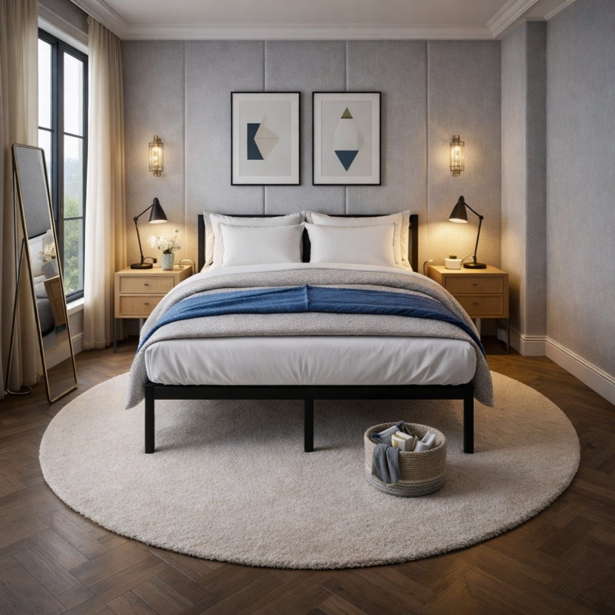 Kouvr queen size black metal platform bed frame with blue and white bedding in a bright, modern bedroom with wood floors.