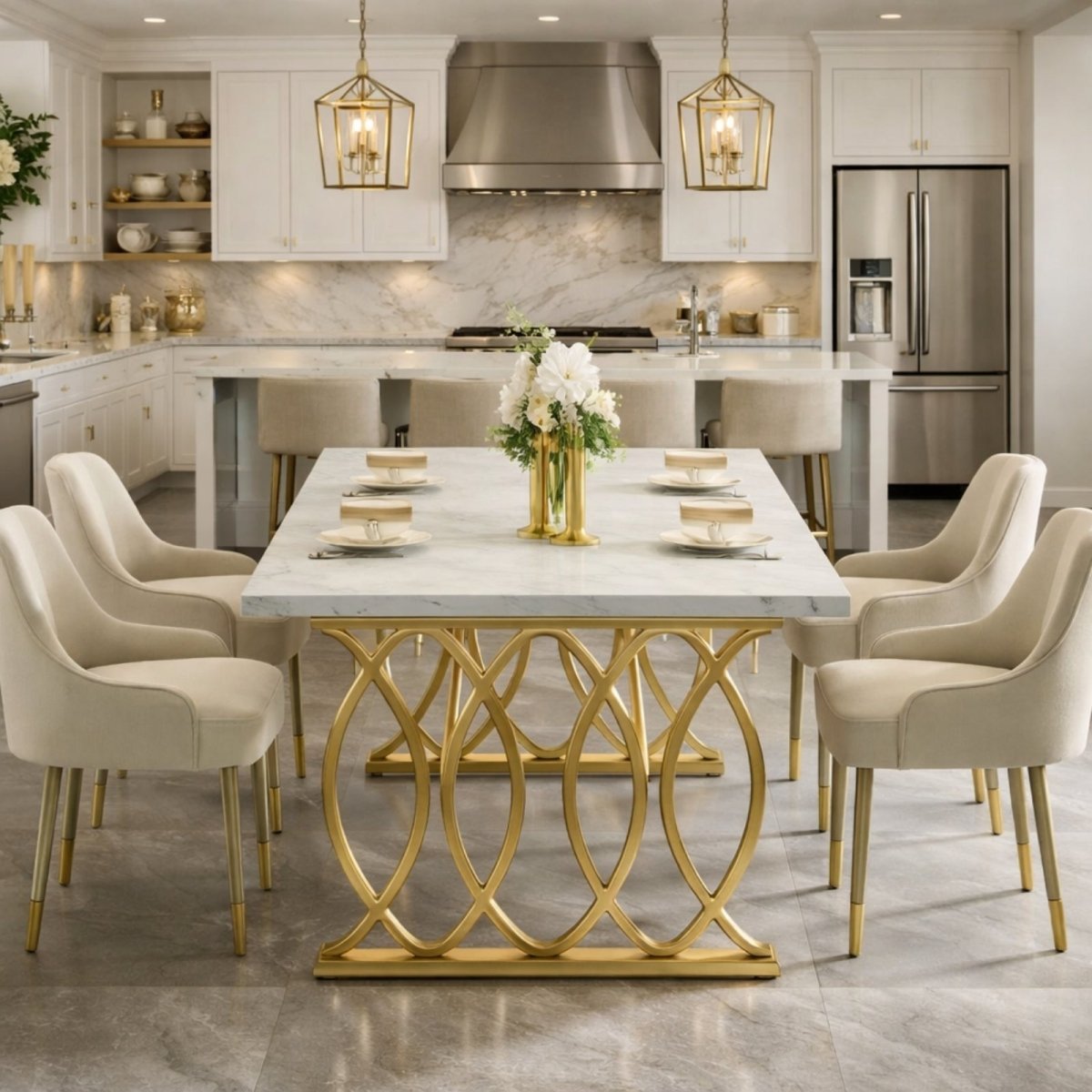The Aurelia Estate Dining Table | Marble-Finish &amp; Gold Geometric Base