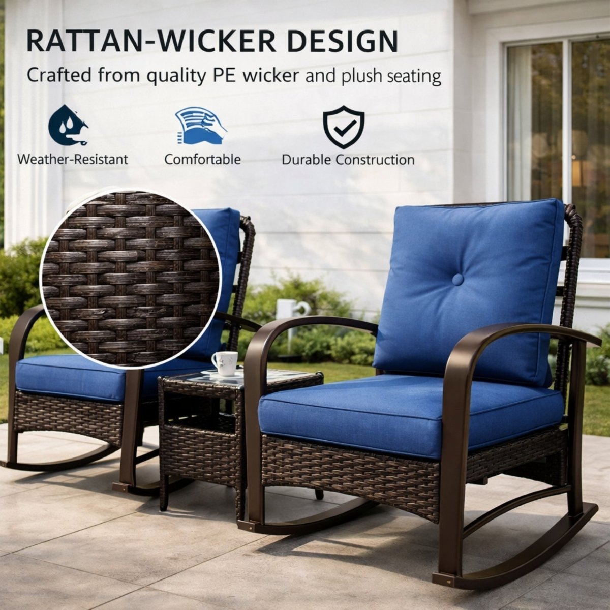 The Monterey Retreat Set | All-Weather Wicker Rocking Chairs &amp; Glass-Top Table