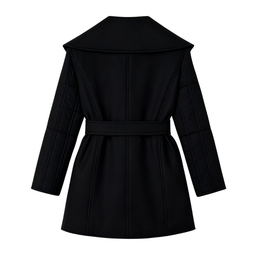 Italian wool, quilted sleeves, designer outerwear, midi-length coat, investment piece, timeless jacket.
