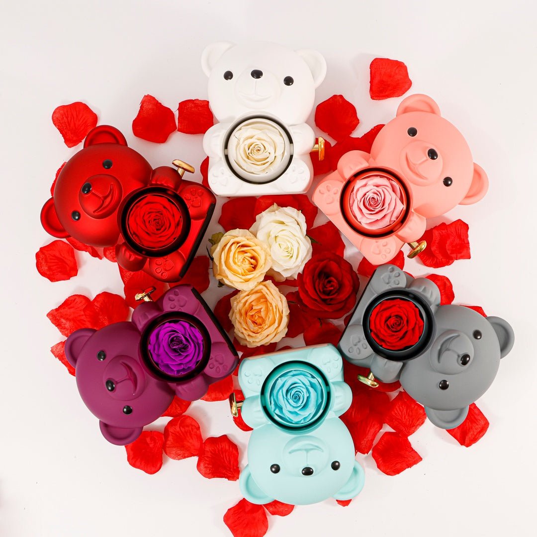 Preserved Rose Bear Gift Box for Her with Hidden Necklace - Eternal Real Rose for Anniversary, Valentines Day, Birthday - Red &amp; Gold Interlocking Hearts | Kouvr