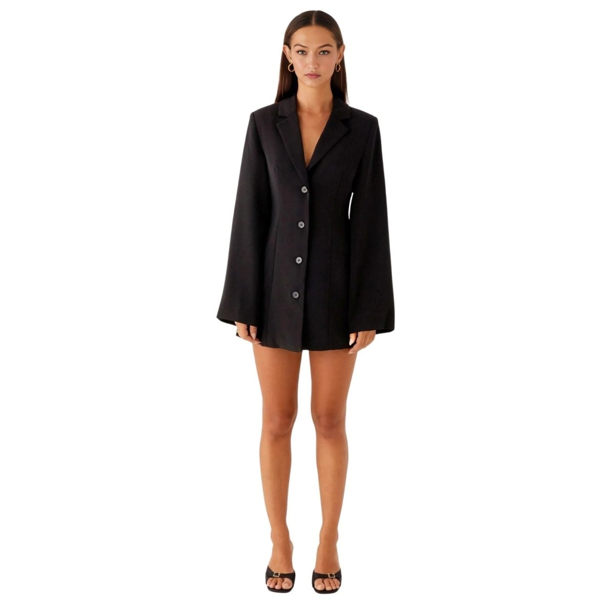 Model wearing the Kouvr Fashion Esharablack blazer mini dress with long flared sleeves, front view.