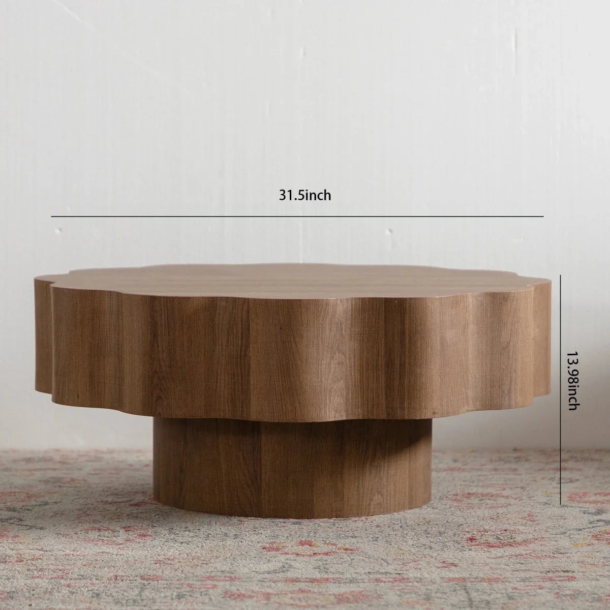 Farmhouse Design Mid Century Modern Low Pedestal Base Flower Shape Desktop Wood Coffee Table for Living Room Apartment