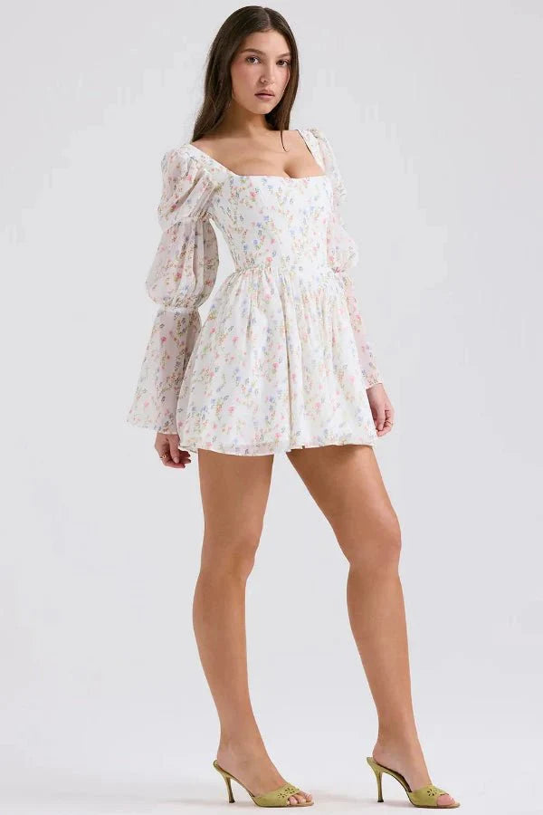 White Square Neck Cottagecore Dress Long Sleeve Garden Party Wedding Guest Fit & Flare Chiffon Dress by Kouvr Fashion
