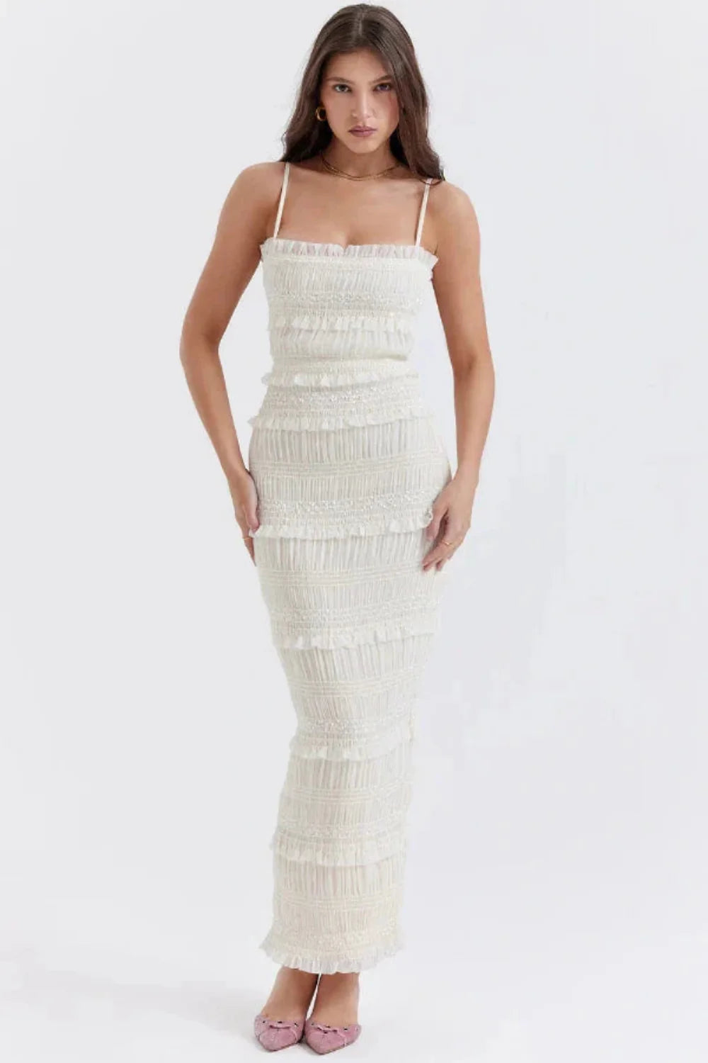 shirred, sculpts, georgette, column silhouette, and ceremonial elegance
