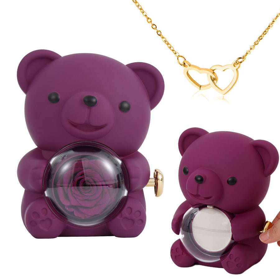 Preserved Rose Bear Gift Box for Her with Hidden Necklace - Eternal Real Rose for Anniversary, Valentines Day, Birthday - Red &amp; Gold Interlocking Hearts | Kouvr