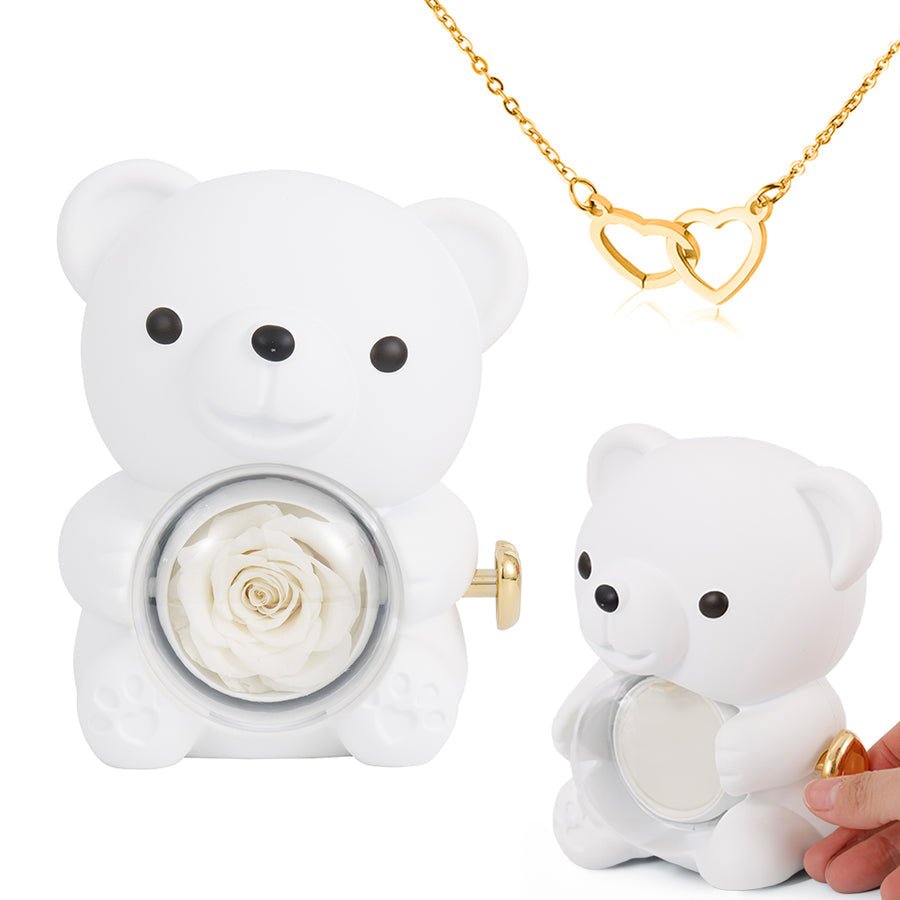 Preserved Rose Bear Gift Box for Her with Hidden Necklace - Eternal Real Rose for Anniversary, Valentines Day, Birthday - Red &amp; Gold Interlocking Hearts | Kouvr