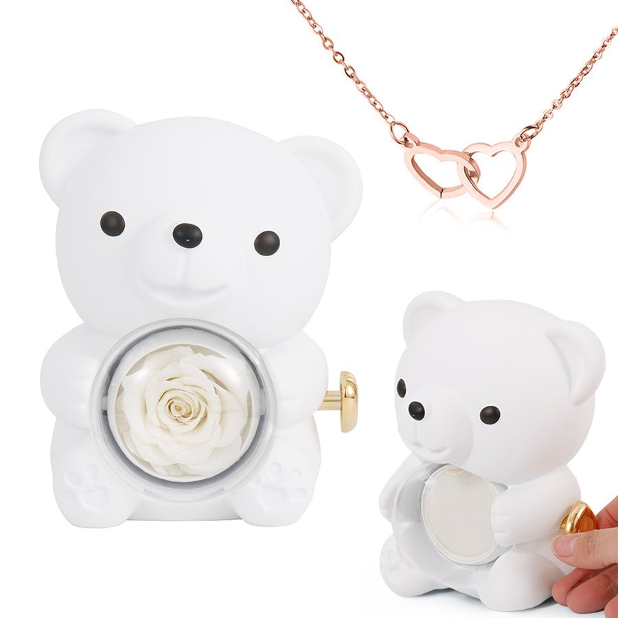 Preserved Rose Bear Gift Box for Her with Hidden Necklace - Eternal Real Rose for Anniversary, Valentines Day, Birthday - Red &amp; Gold Interlocking Hearts | Kouvr