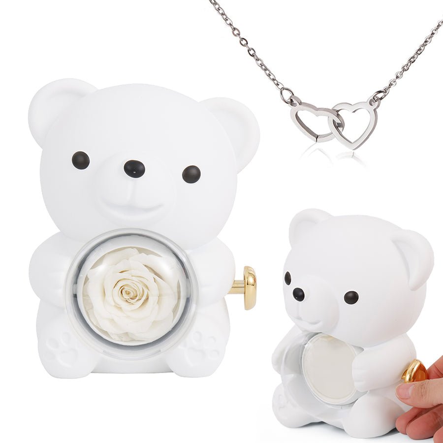 Preserved Rose Bear Gift Box for Her with Hidden Necklace - Eternal Real Rose for Anniversary, Valentines Day, Birthday - Red &amp; Gold Interlocking Hearts | Kouvr