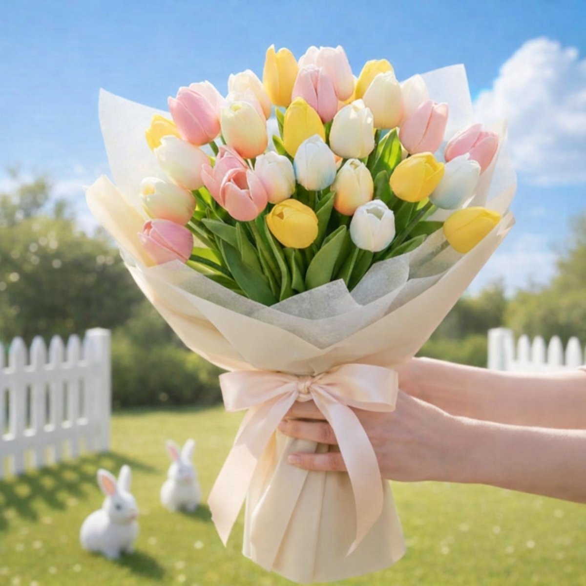 A close-up of a large bouquet of pink, yellow, and white tulips, held with both hands. A white picket fence and two white rabbit figurines are on the grass in the background under a blue sky.