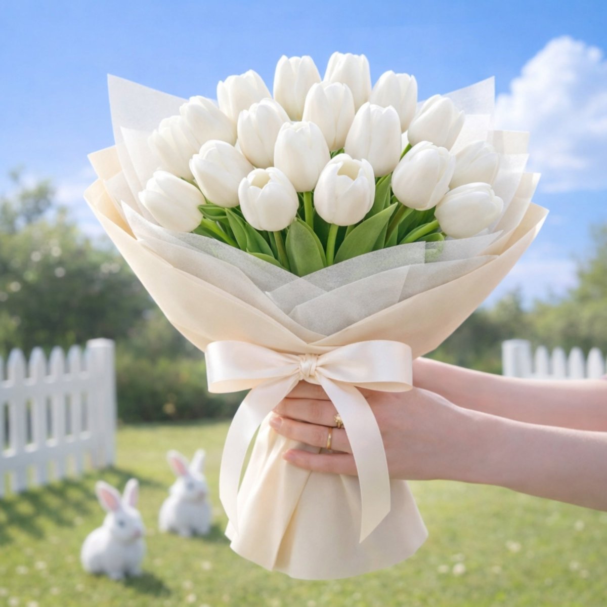 Hands present a massive and densely packed bouquet of vibrant artificial white tulips tied with a wide cream ribbon. The sunny background has decorative white bunnies and a classic white picket fence.
