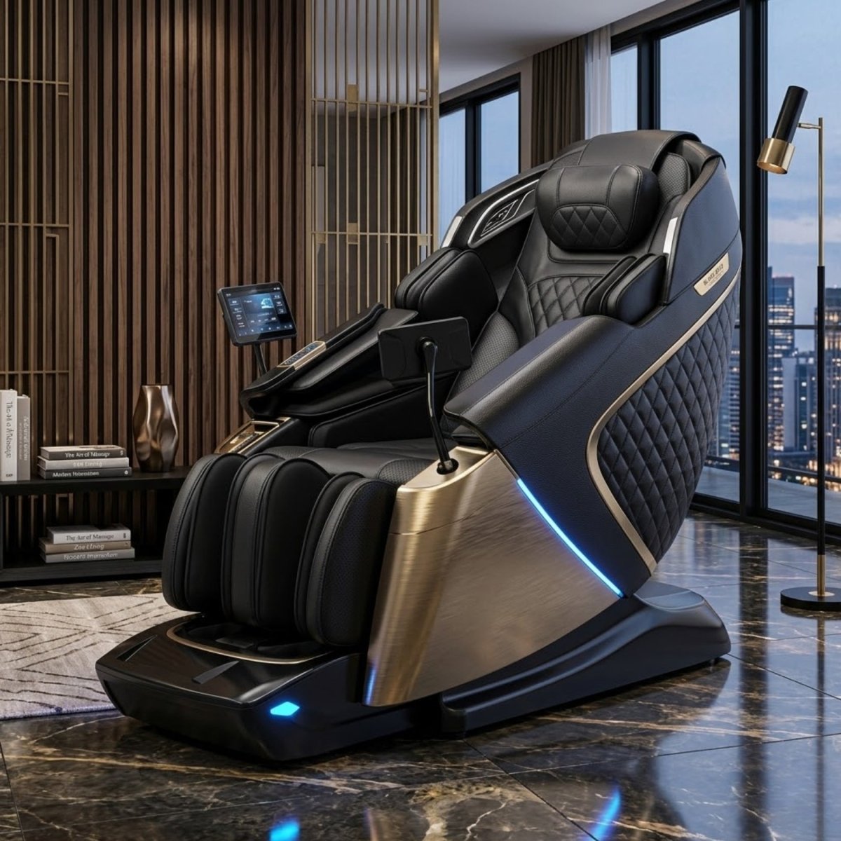 Sleek black and gold premium full body shiatsu massage chair featuring diamond stitching and ambient blue LED lighting